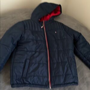Tommy Hilfiger Blue and Red Hooded Puffer Jacket